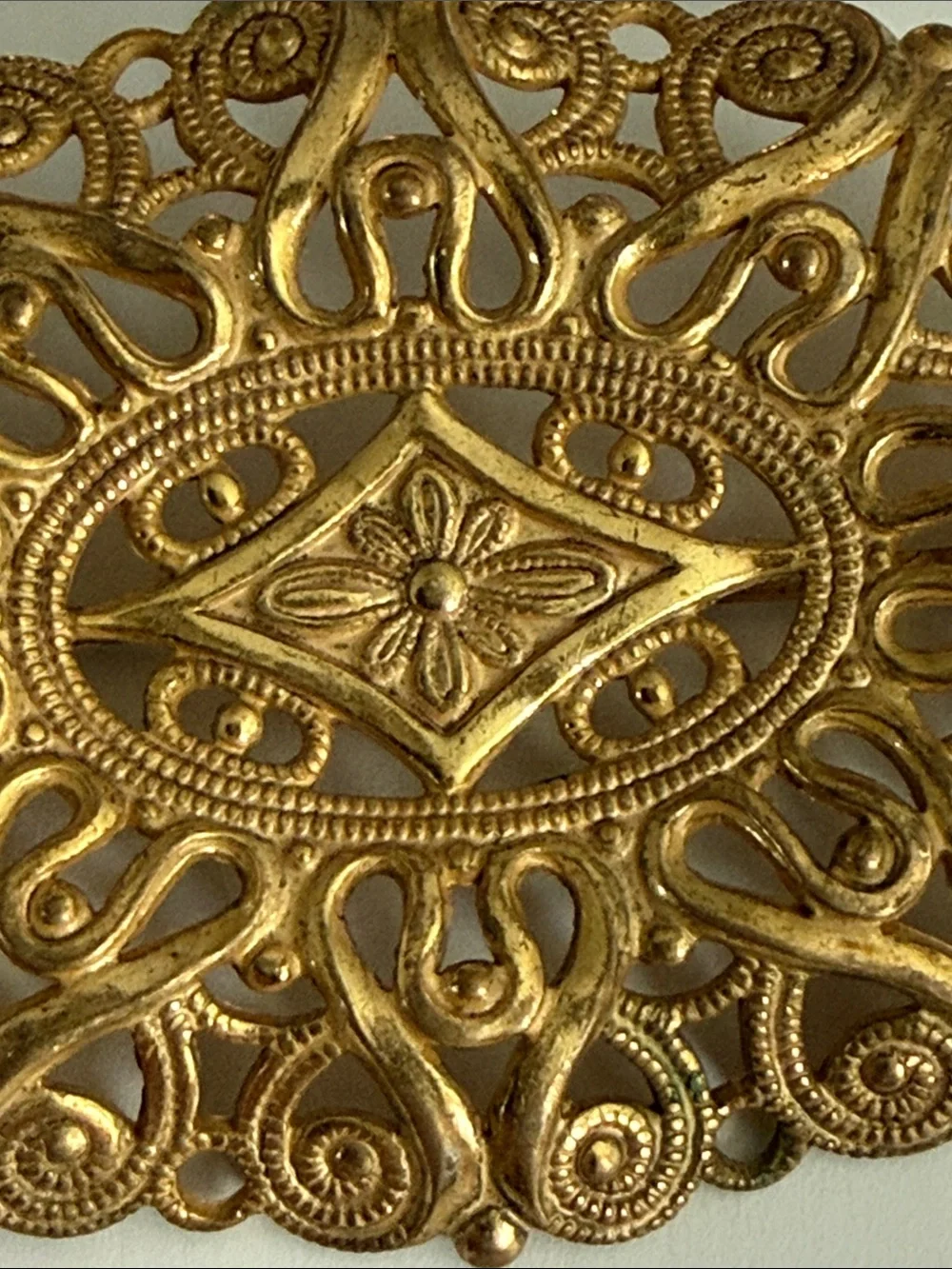 Vintage Miriam Haskell antique revival gold tone Filigree Oval Brooch pin